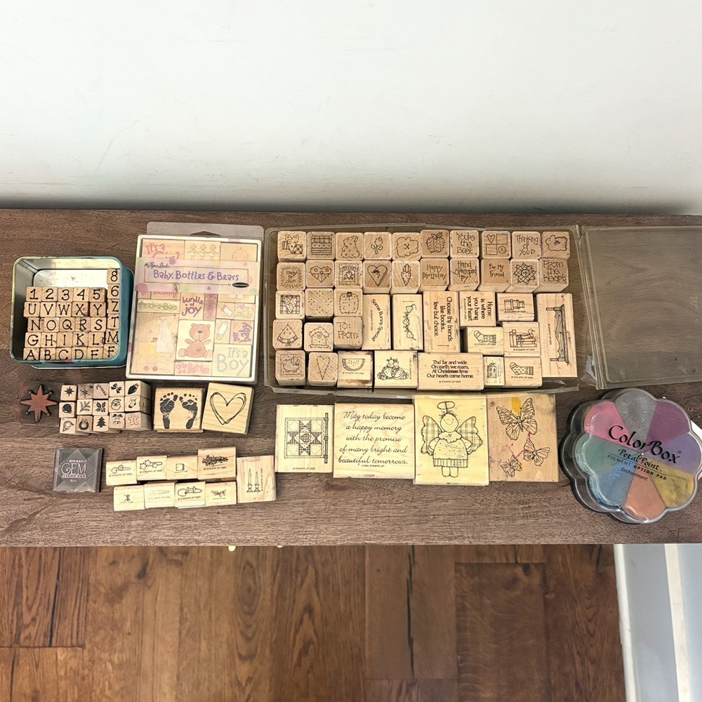Vintage Wood Mounted Rubber Stamp Lot 100+ Stampin Up Alphabet Ink‎ Pads Craft